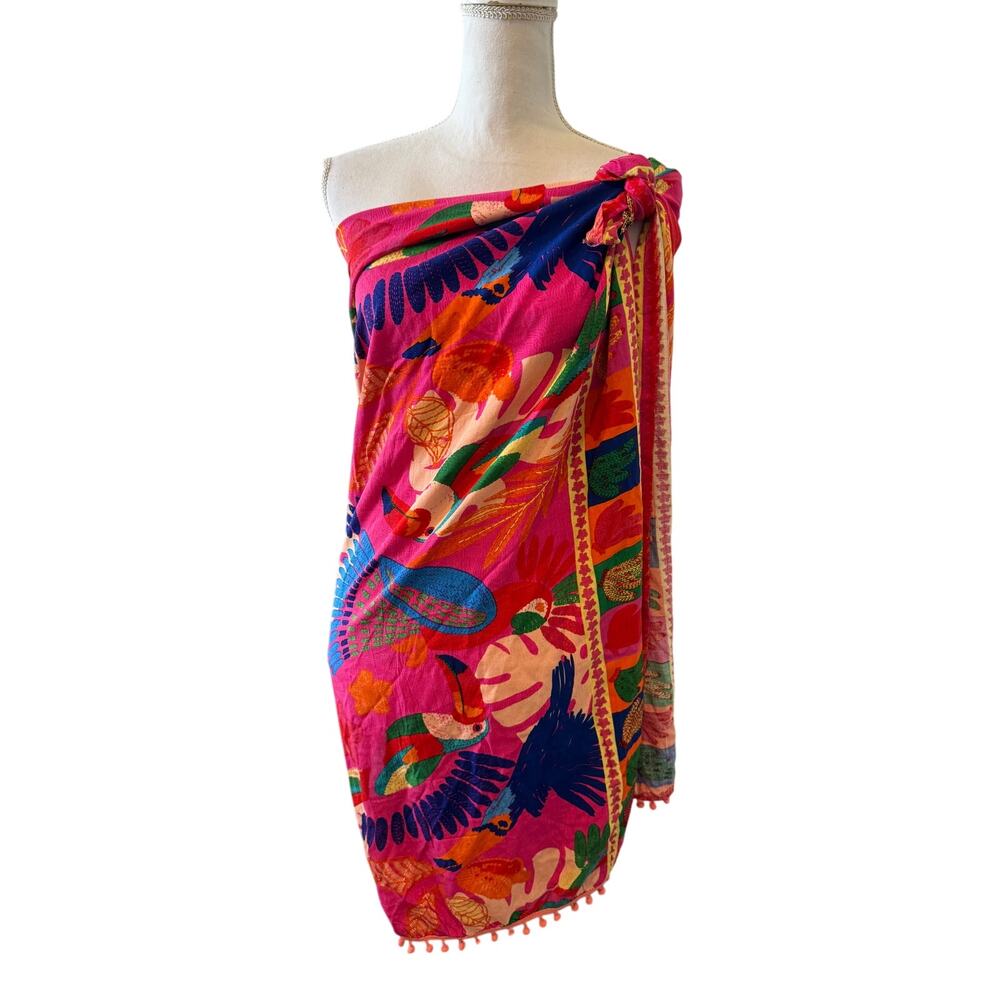 Farm Rio Bold Tropical Print Sarong Wrap Cover Up Pink Parrot Print